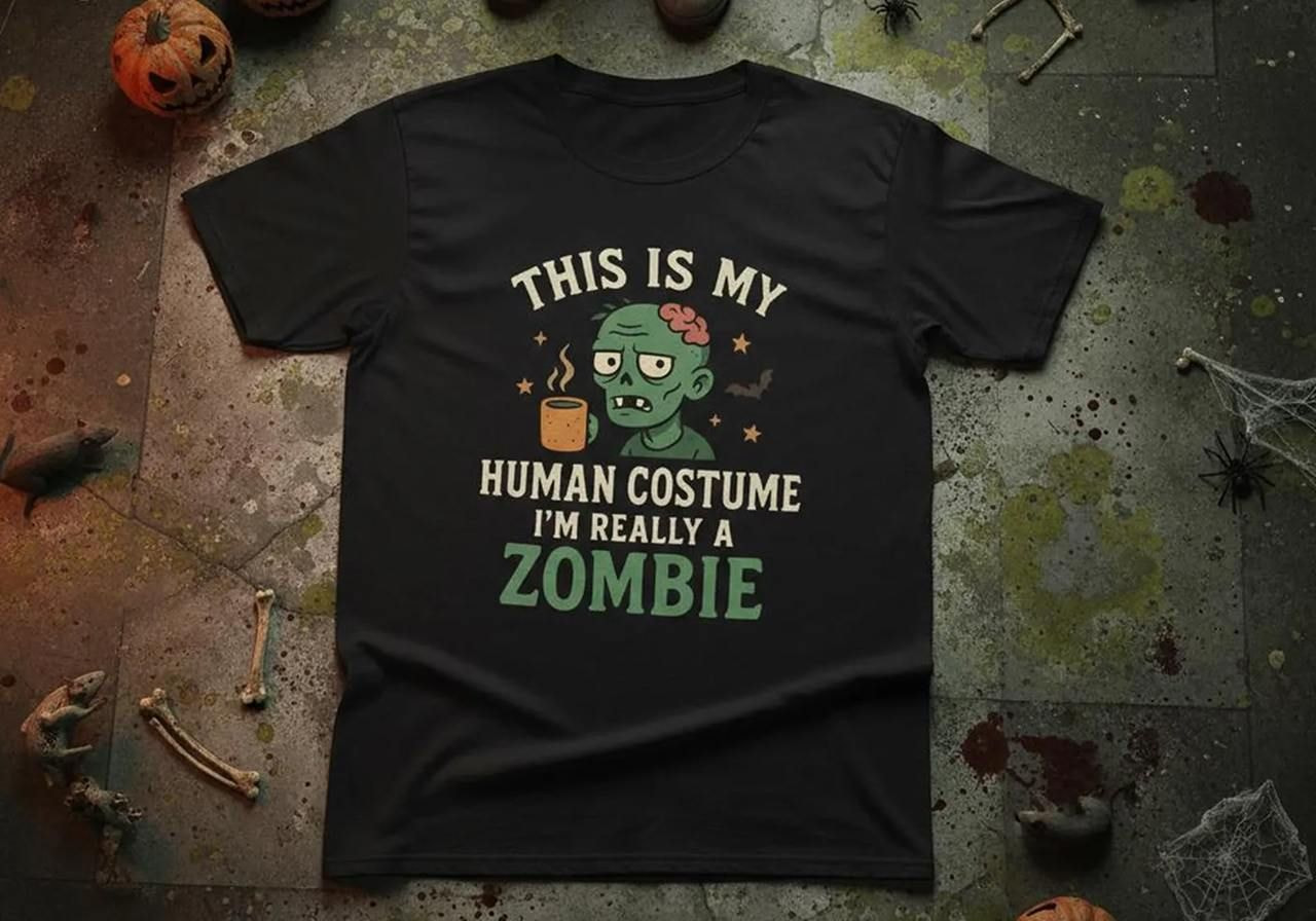 A black t-shirt features a cartoon zombie sipping coffee with "This is my human costume, I'm really a zombie" text.